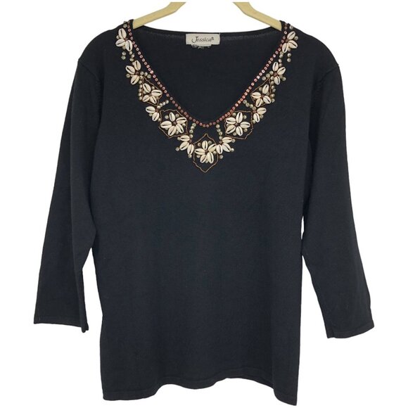 Jessica Black shell embellished V-neckline 3/4 Sleeve Blouse size ~M - Picture 1 of 12